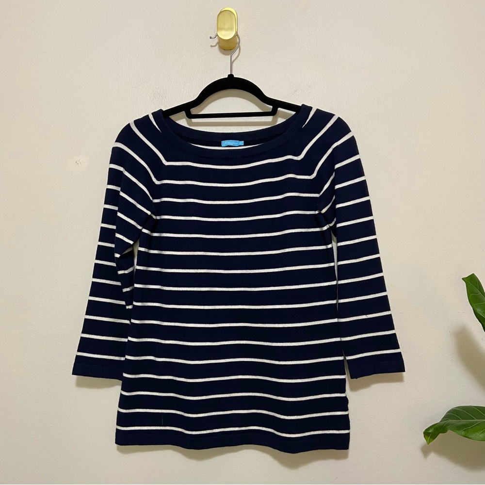 J. McLaughlin Navy White Stripe Boat Neck 3/4 Length Sleeve Top